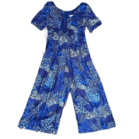 Vintage Jumpsuit Blue Abstract Shoulder Pads Made in‎ USA - Picture 1 of 15